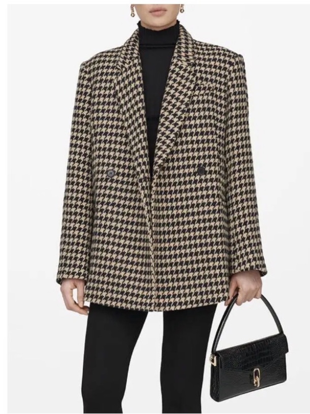 Anine Bing Houndstooth Double-Breasted Blazer Jacket - Black & Cream